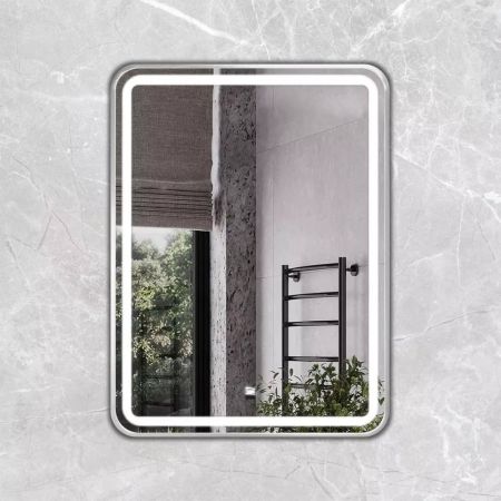 Зеркало в серебряной раме 60 см Comforty Ситара-60, LED-подсветка, бесконтактный сенсор, антизапотевание
