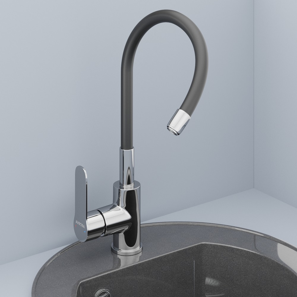 Смеситель для кухни AVRORA Kitchen AV9002B с высоким гибким изливом, черный*** Смеситель для кухни AVRORA Kitchen AV9002B с высоким гибким изливом, черный***