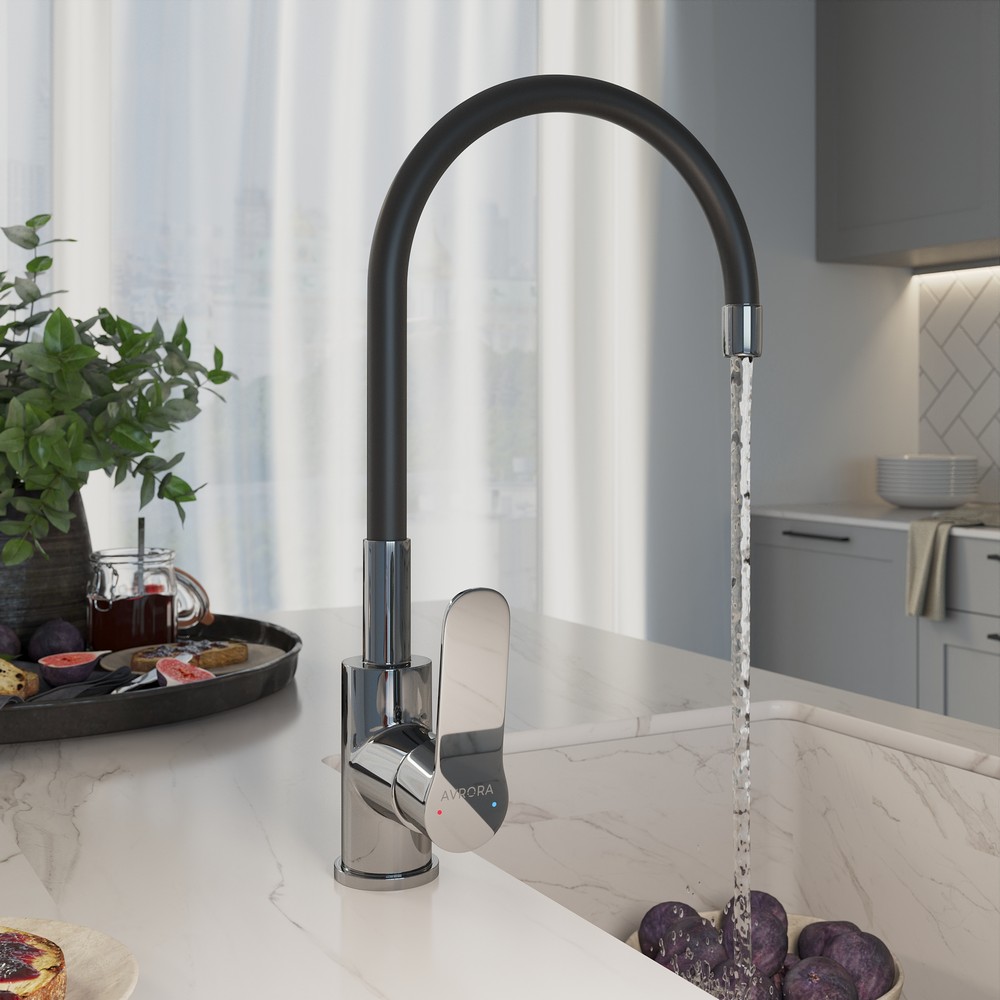 Смеситель для кухни AVRORA Kitchen AV9002B с высоким гибким изливом, черный*** Смеситель для кухни AVRORA Kitchen AV9002B с высоким гибким изливом, черный***