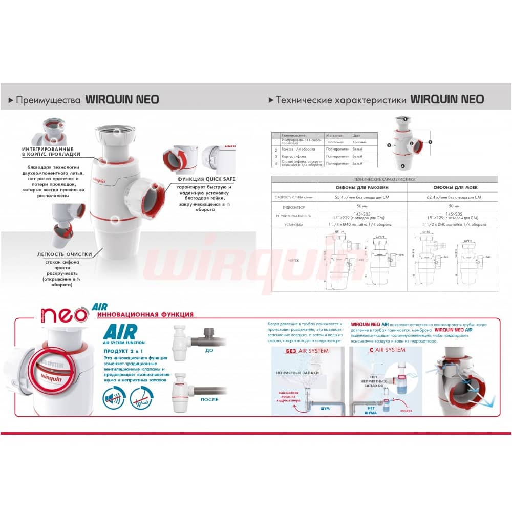 Сифон Wirquin NEO AIR System без выпуска 30987073 1 1/2 40 мм