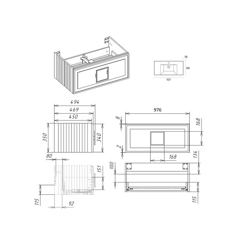 Тумба подвесная 100 см LA FENICE Cubo Grigio FNC-01-CUB-G-100 серо-зеленая матовая с раковиной 100 см CU.NN.100, ручка черная