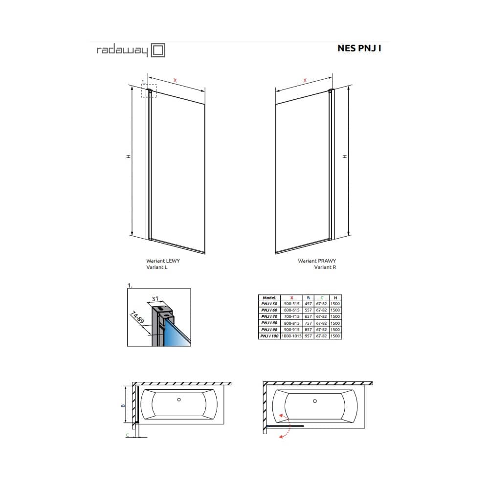 Шторка для ванны NES PNJ I 80 Right 10011080-01-01R 800x1500 стекло прозрачное, профиль хром