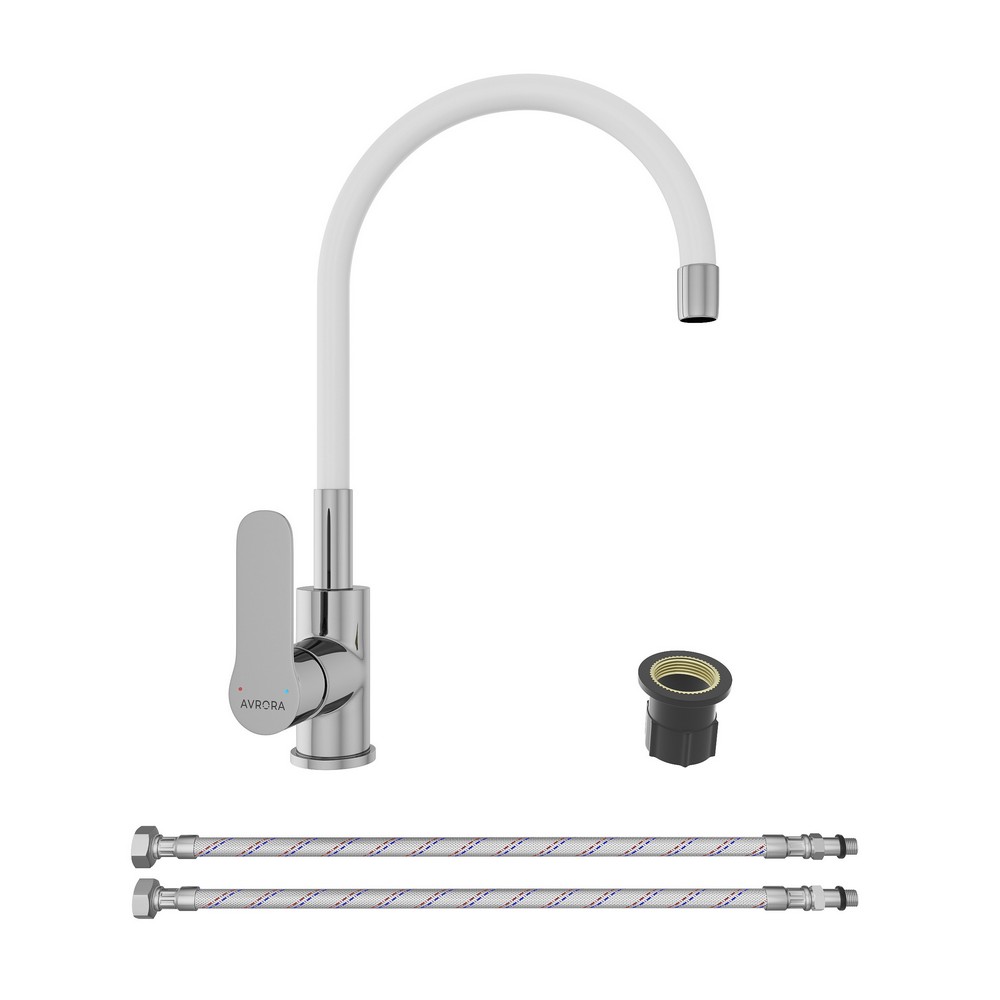 Смеситель для кухни AVRORA Kitchen AV9002W с высоким гибким изливом, белый***