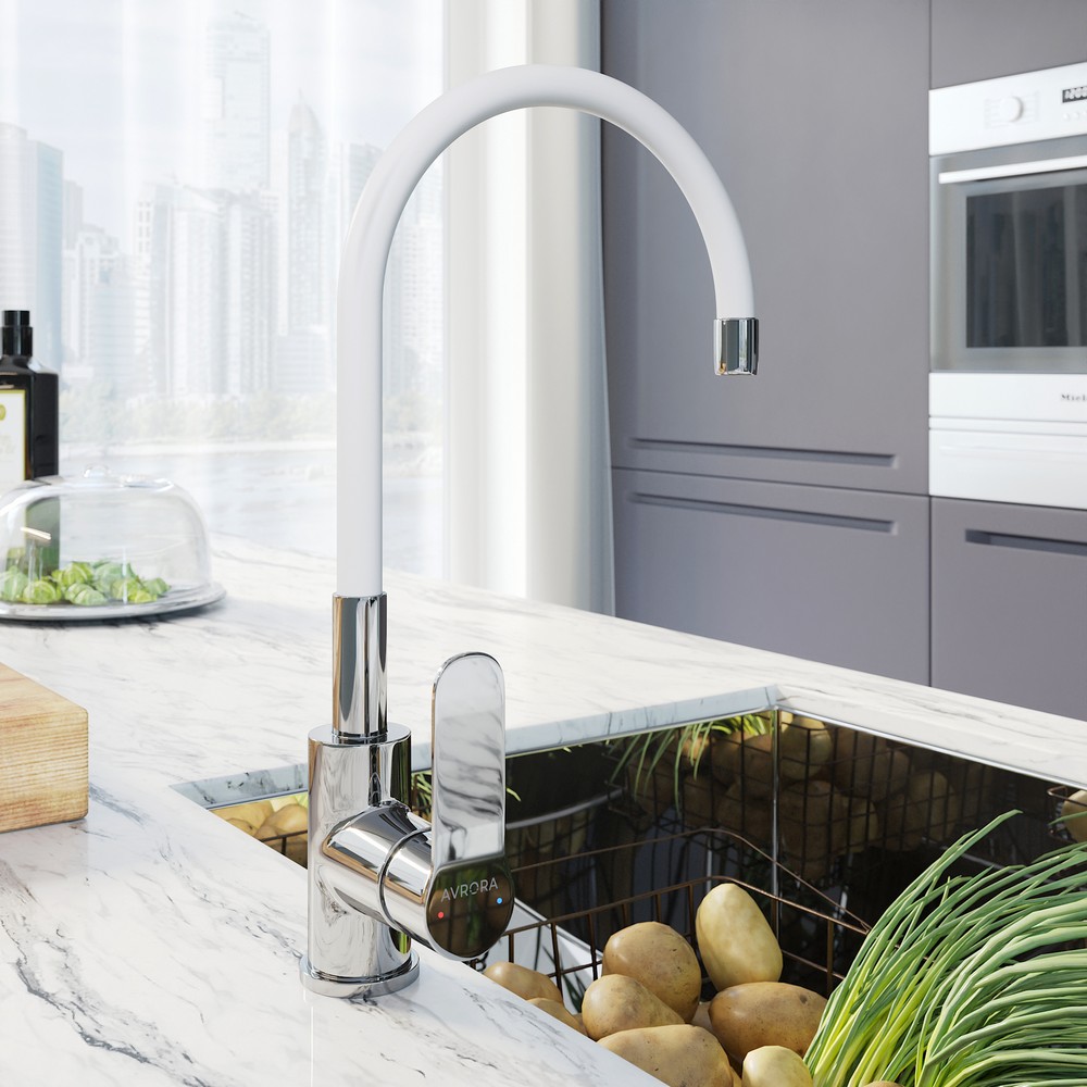 Смеситель для кухни AVRORA Kitchen AV9002W с высоким гибким изливом, белый***