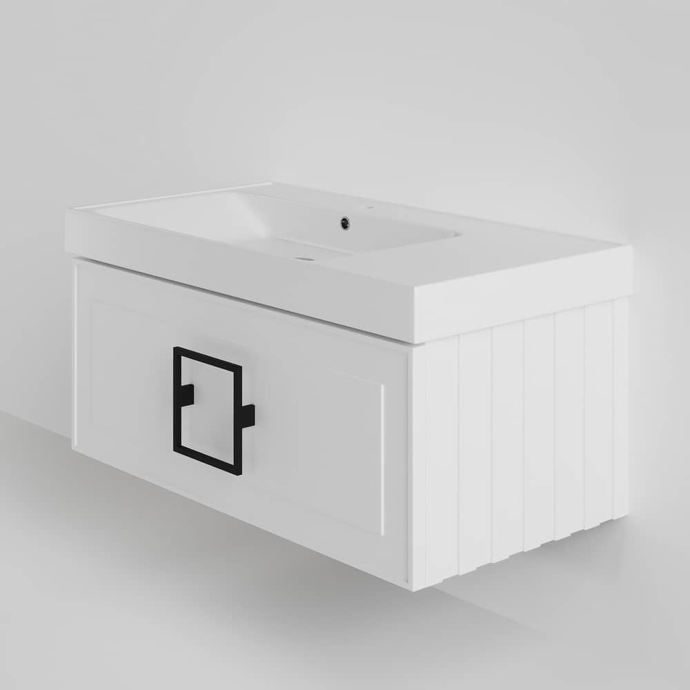 Тумба подвесная 90 см LA FENICE Cubo Bianco FNC-01-CUB-B-90 белая матовая с левой раковиной 90 см CU.NN.90L, ручка черная