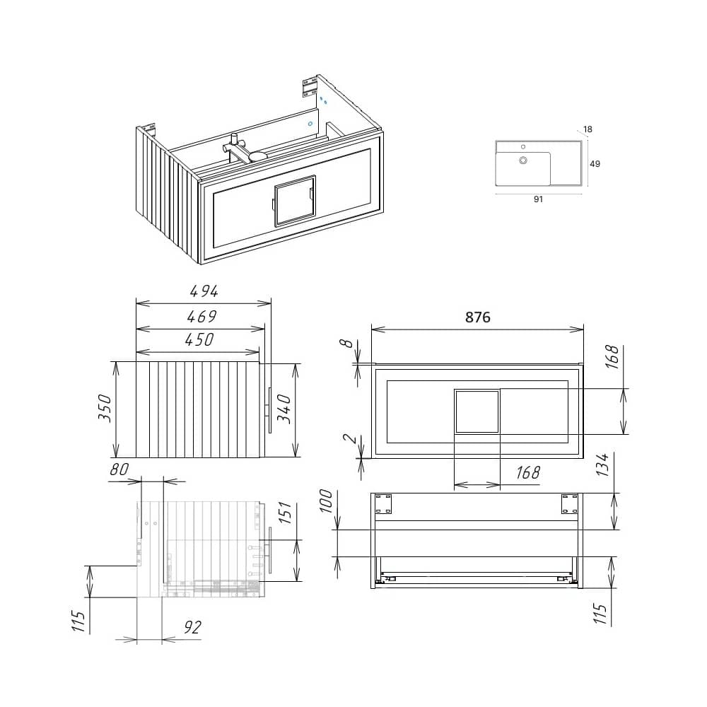 Тумба подвесная 90 см LA FENICE Cubo Bianco FNC-01-CUB-B-90 белая матовая с левой раковиной 90 см CU.NN.90L, ручка черная