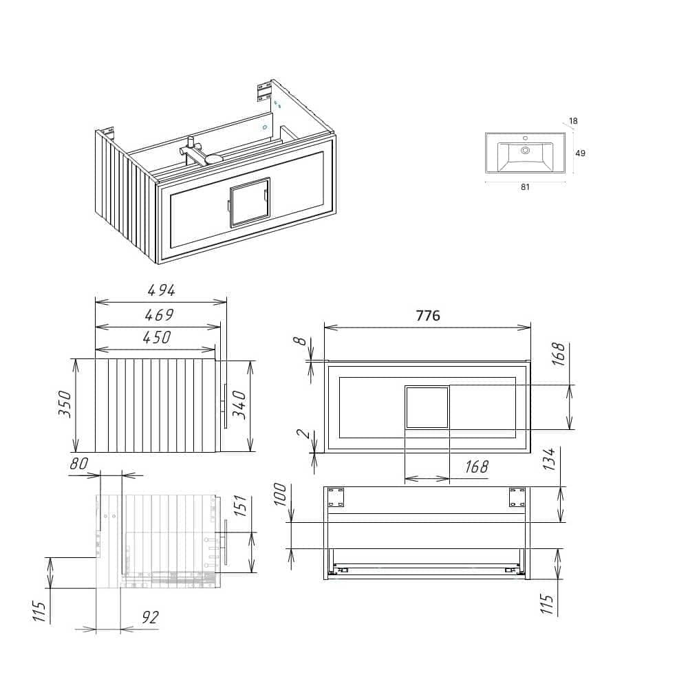 Тумба подвесная 80 см LA FENICE Cubo Blu Grigio FNC-01-CUB-BG-80 синяя матовая с раковиной 80 см CU.NN.80, ручка хром