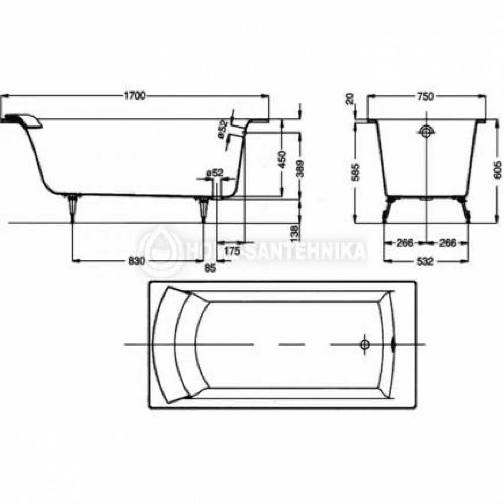 Baнна чугунная 170x75 cм без отверстий для ручек Biove E2930-00 + ножки E4113-NF