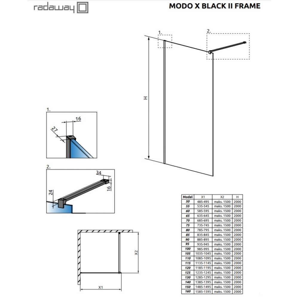 Душевая перегородка Modo X II Black 90 Frame 389294-54-56 (стекло прозр. 10мм)