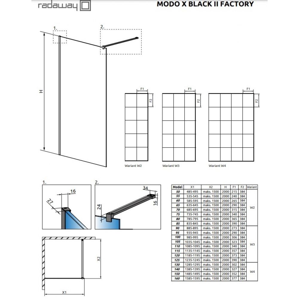 Душевая перегородка Modo X II Black 90 Factory 389294-54-55 (стекло прозр. 10мм)