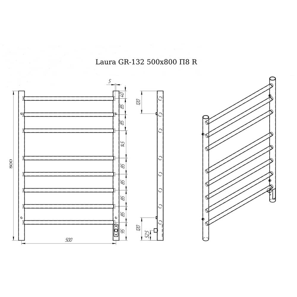 Полотенцесушитель электрический GROIS Laura GR-132 500×800 П8 black mat R, черный, правое подключение