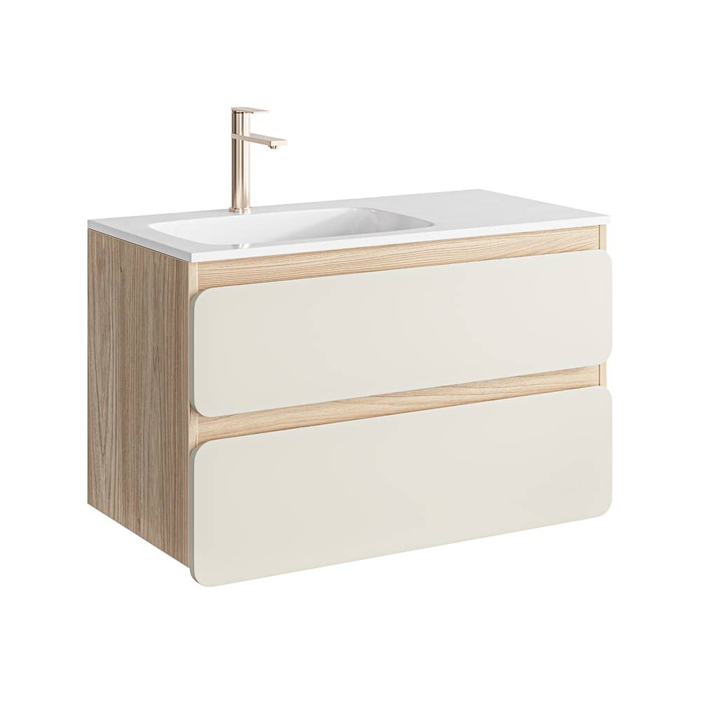 Тумба подвесная Vento 90 см VEN0109L фасад морская дюна VEN0709LMD с умывальником Malaga 900L, левая