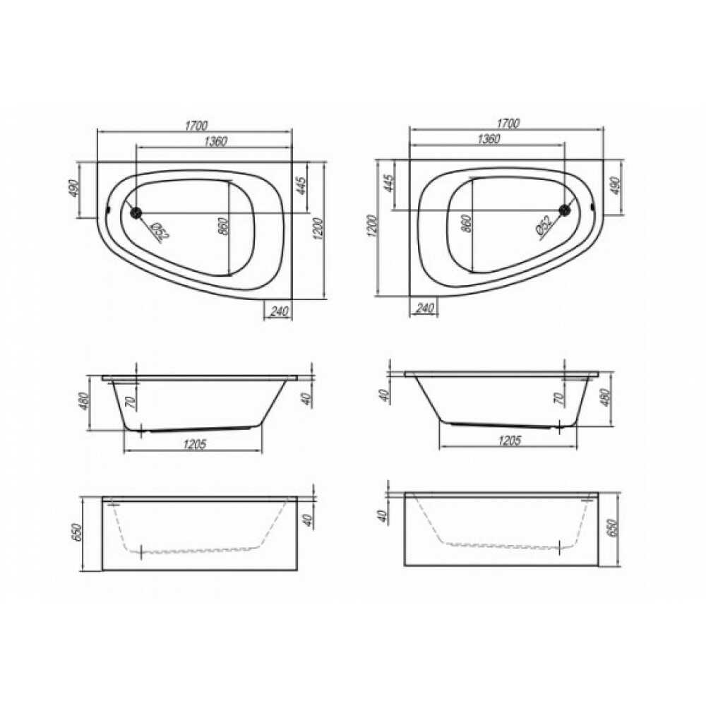 Ванна акриловая CHAD/D 170x120 + экран (правая) + каркас + слив-перелив