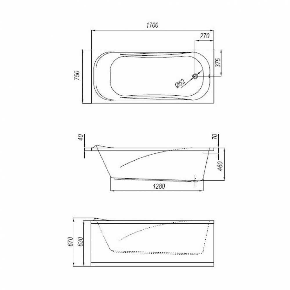 Ванна акриловая STRING 170x75 + фронтальная панель+каркас+ слив-перелив