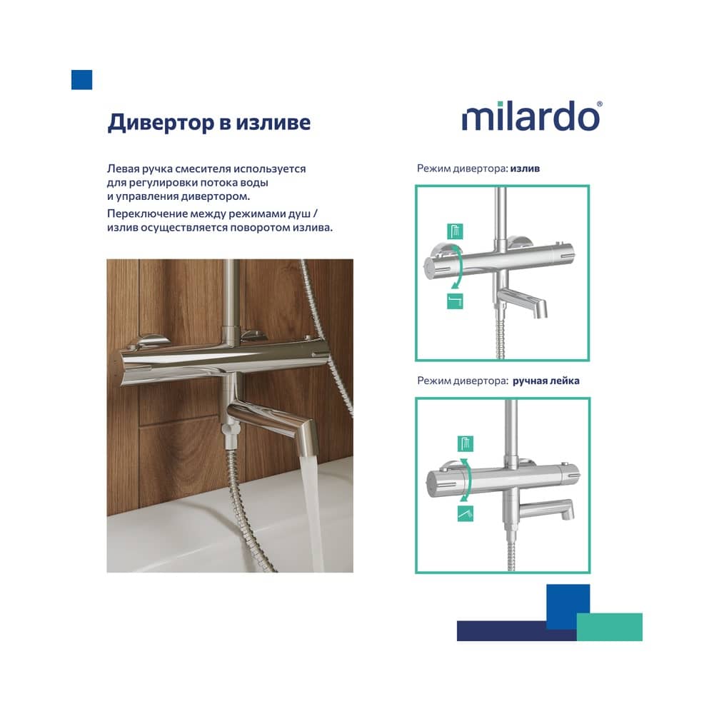 Смеситель термостатический для ванны со стойкой и тропической лейкой Milardo Ideal Spa ILSSBTHM06, хром Смеситель термостатический для ванны со стойкой и тропической лейкой Milardo Ideal Spa ILSSBTHM06, хром