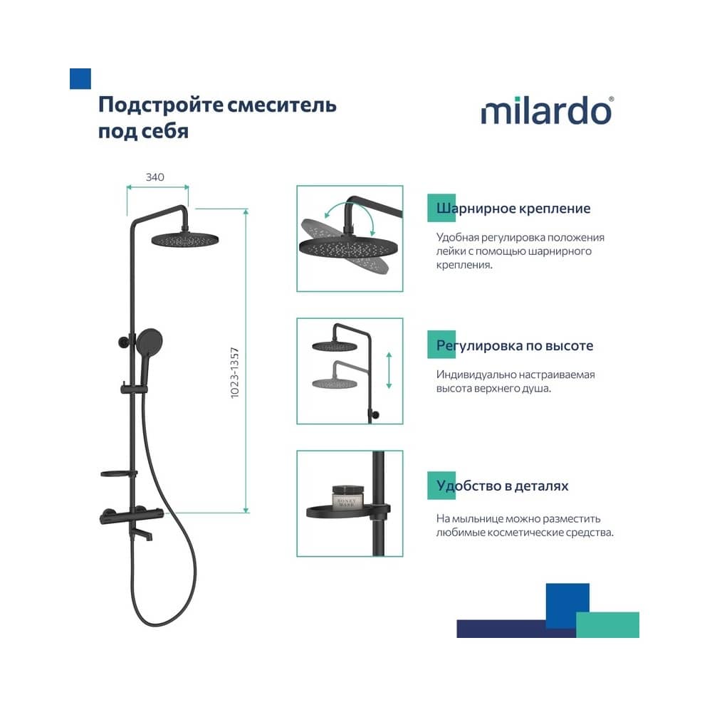 Смеситель термостатический для ванны со стойкой и тропической лейкой Milardo Ideal Spa ILSBLTHM06, черный матовый