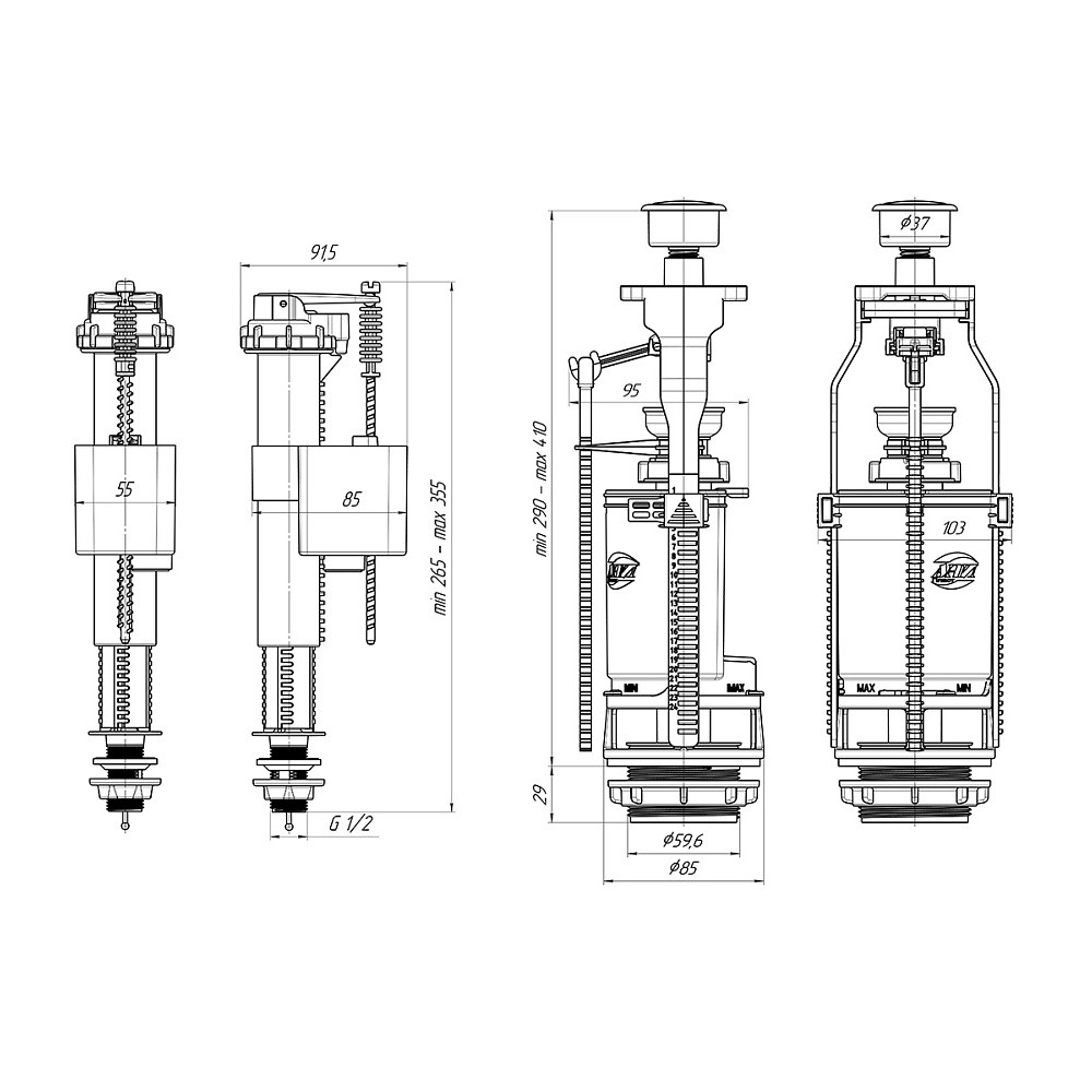 Арматура АНИ WC8520C набор с нижней подводкой 1/2 латунь, кнопка хром