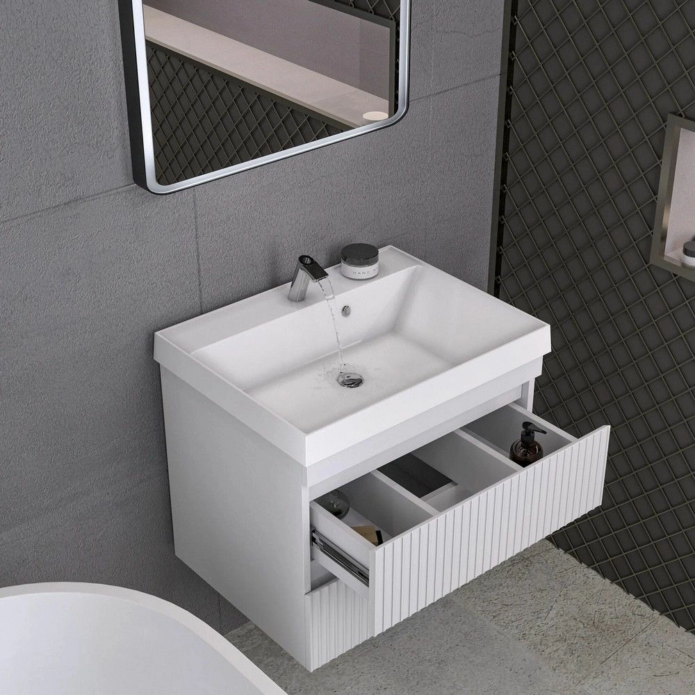 Тумба подвесная GardaHome Scanno 60 SC-T60-W белая с ящиками и фрезеровкой с раковиной Дакота Тумба подвесная GardaHome Scanno 60 SC-T60-W белая с ящиками и фрезеровкой с раковиной Дакота